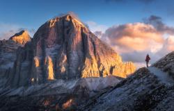 View of mountains and a tral in the Dolomites of Italy 