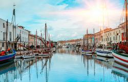 Boats on Leonardesque Canal Port in Cesenatico in Emilia Romagna 