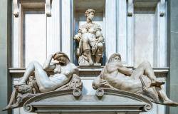 Medici chapels, the tomb of Giuliano Duke of Nemours, by Michelangelo, with tthe statues representig (from left) the Day, the Duke and the Night