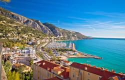 Town of Menton bay and French Italian border on Mediterranean coast view, southern France and Italy