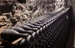 bottles aging in winery in Parma italy