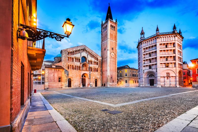 Parma's Piazza Duomo at dusk