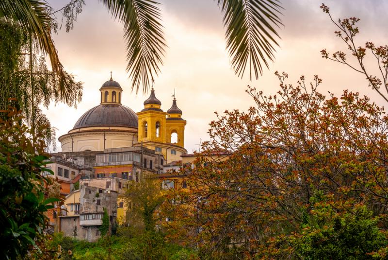 View of church and trees in Ariccia suburb of Rome