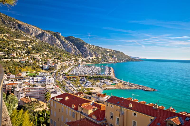 Town of Menton bay and French Italian border on Mediterranean coast view, southern France and Italy