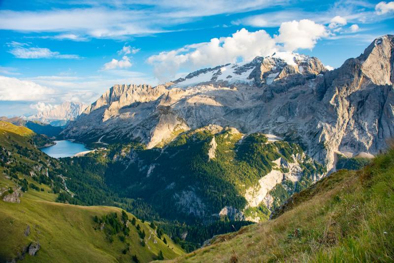 View over the Marmolafa glacier and Fedaia lake in Italy