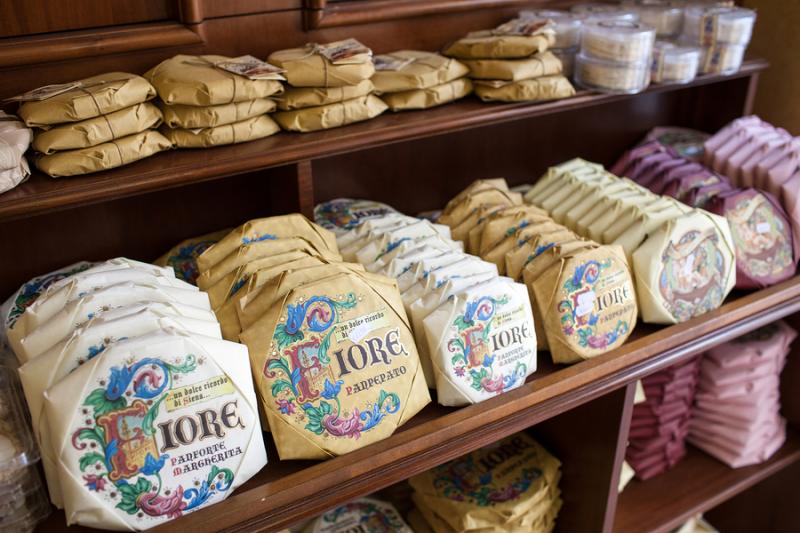 Panforte boxes on display in Siena Italy